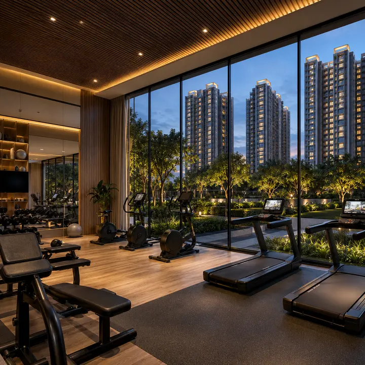 Sattva Whitefield fully equipped gymnasium with garden view